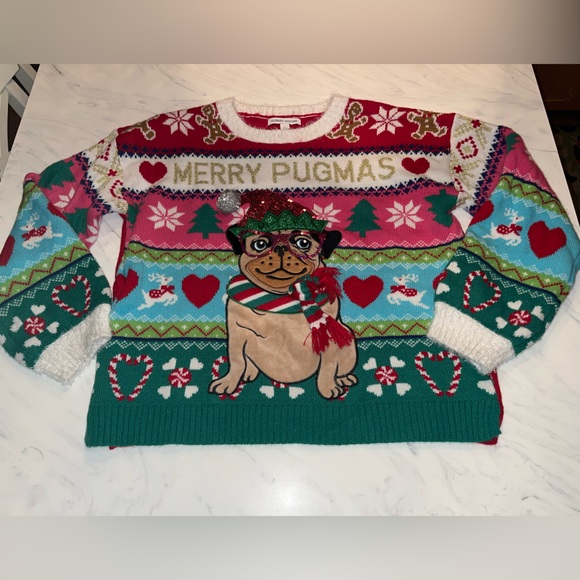 Celebrate together merry pugmas Christmas tree Xmas Ugly xmas Sweater l sequin - Picture 1 of 3